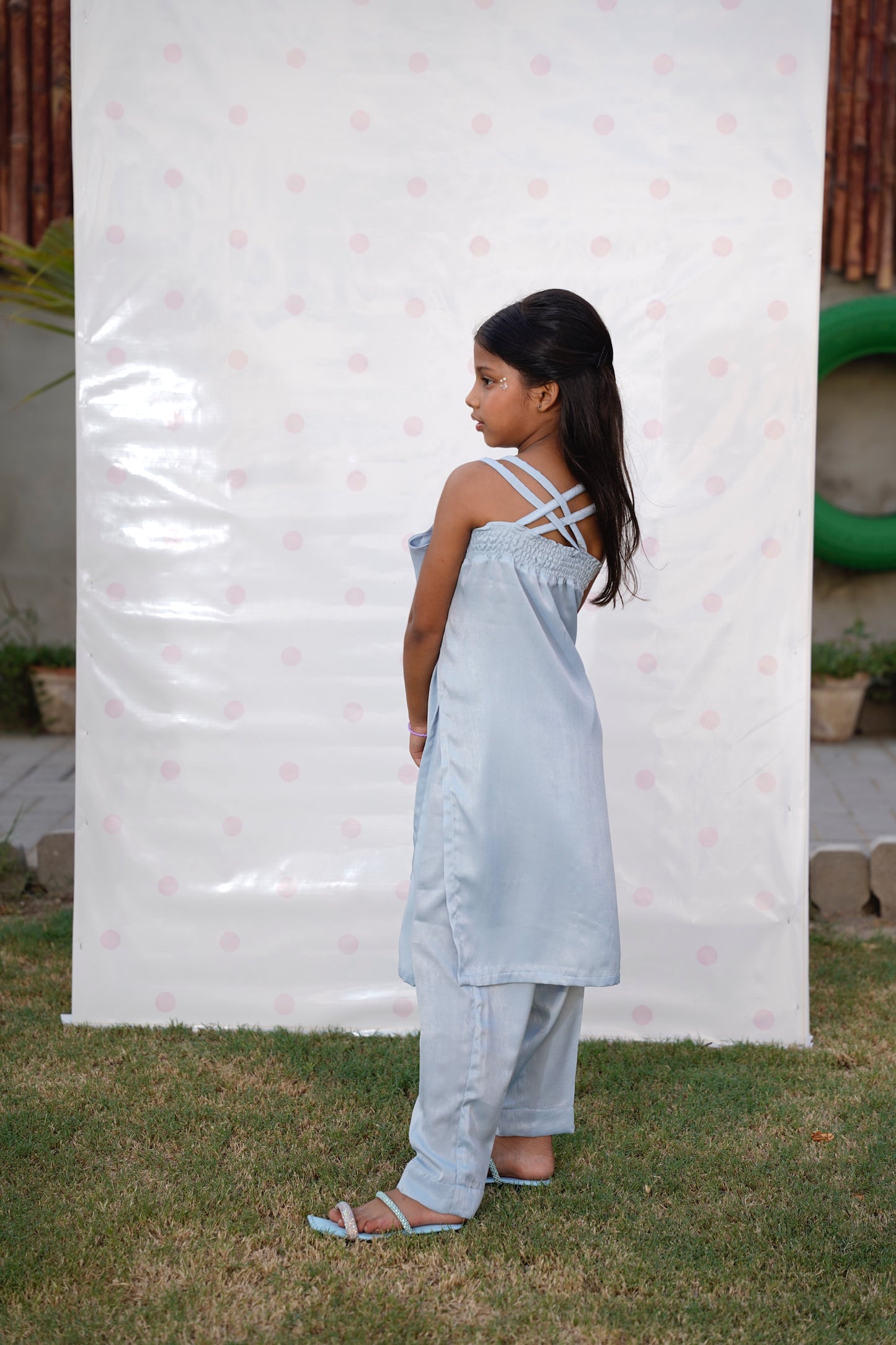 Full back view: "Blush Sky blue embellished leather silk co-ord set with straight pants, full front view SHAFAÉ Crystal Sky"