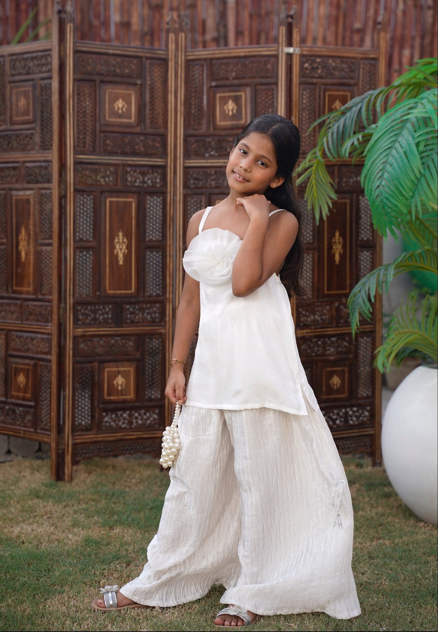 Full front, standing outdoors: "White cotton and crush silk kids co-ord set, full front view  SHAFAÉ Pari White Co-Ord Set"