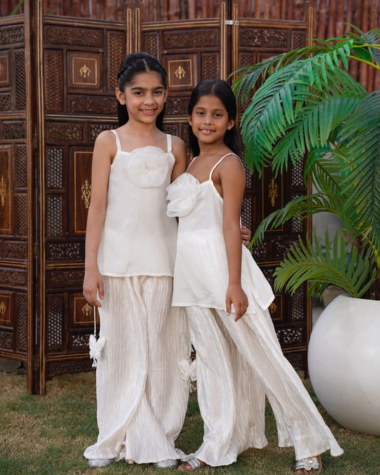 Full front, standing outdoors: "White cotton and crush silk kids co-ord set, full front view  SHAFAÉ Pari White Co-Ord Set"