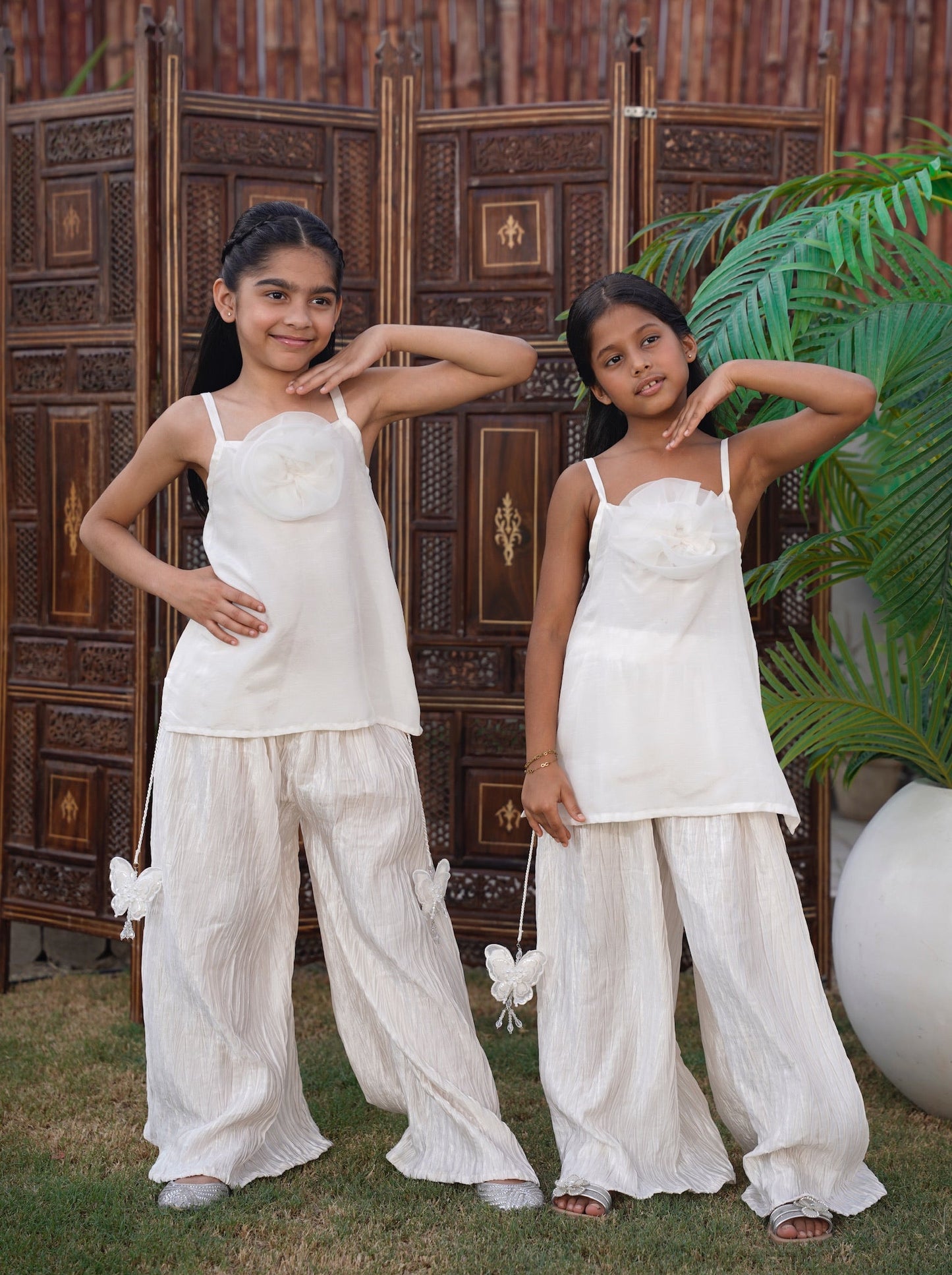 Full front, standing outdoors: "White cotton and crush silk kids co-ord set, full front view  SHAFAÉ Pari White Co-Ord Set"