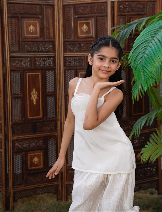 Full front, standing outdoors: "White cotton and crush silk kids co-ord set, full front view  SHAFAÉ Pari White Co-Ord Set"
