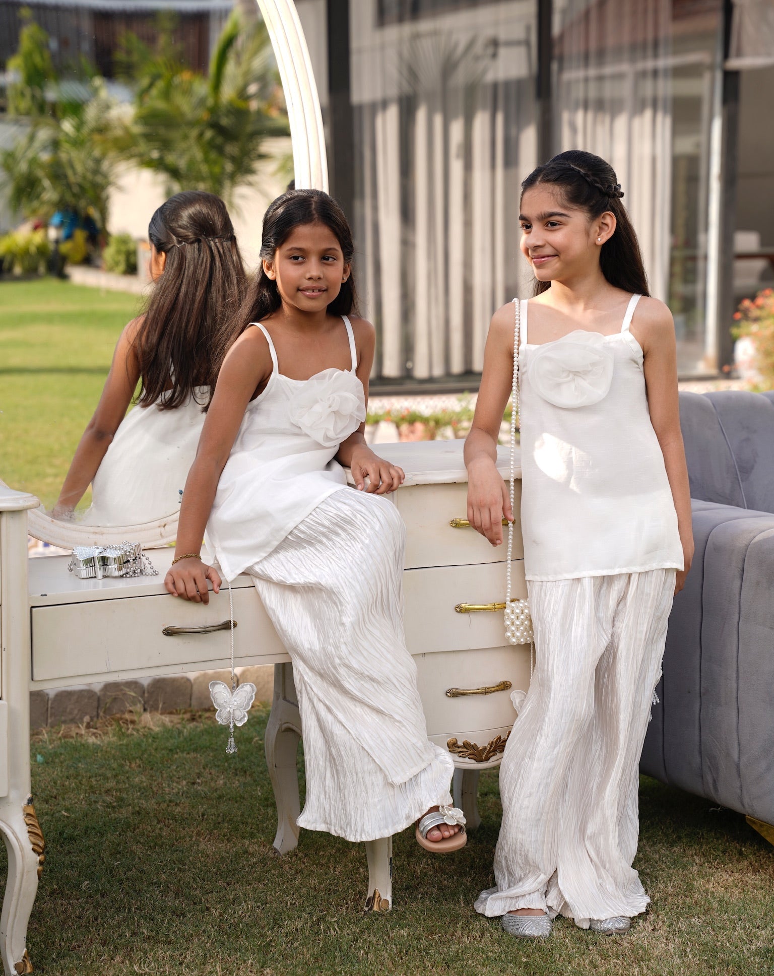 Full front, standing outdoors: "White cotton and crush silk kids co-ord set, full front view  SHAFAÉ Pari White Co-Ord Set"