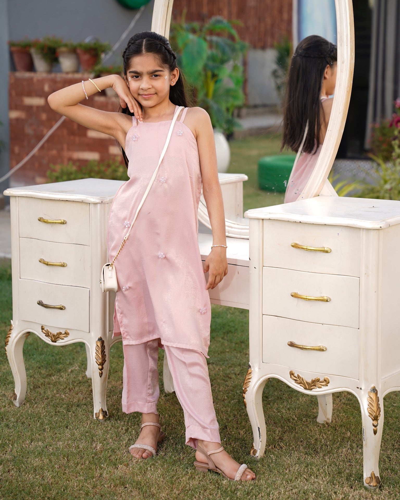  Full front view: "Blush pink embellished leather silk co-ord set with straight pants, full front view SHAFAÉ Crystal Blush"