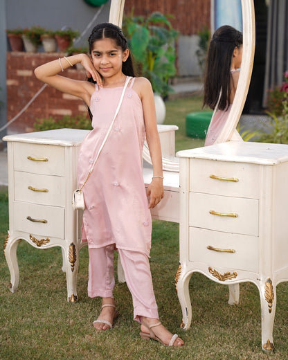  Full front view: "Blush pink embellished leather silk co-ord set with straight pants, full front view SHAFAÉ Crystal Blush"