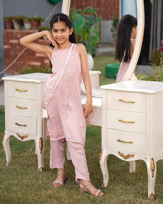  Full front view: "Blush pink embellished leather silk co-ord set with straight pants, full front view SHAFAÉ Crystal Blush"