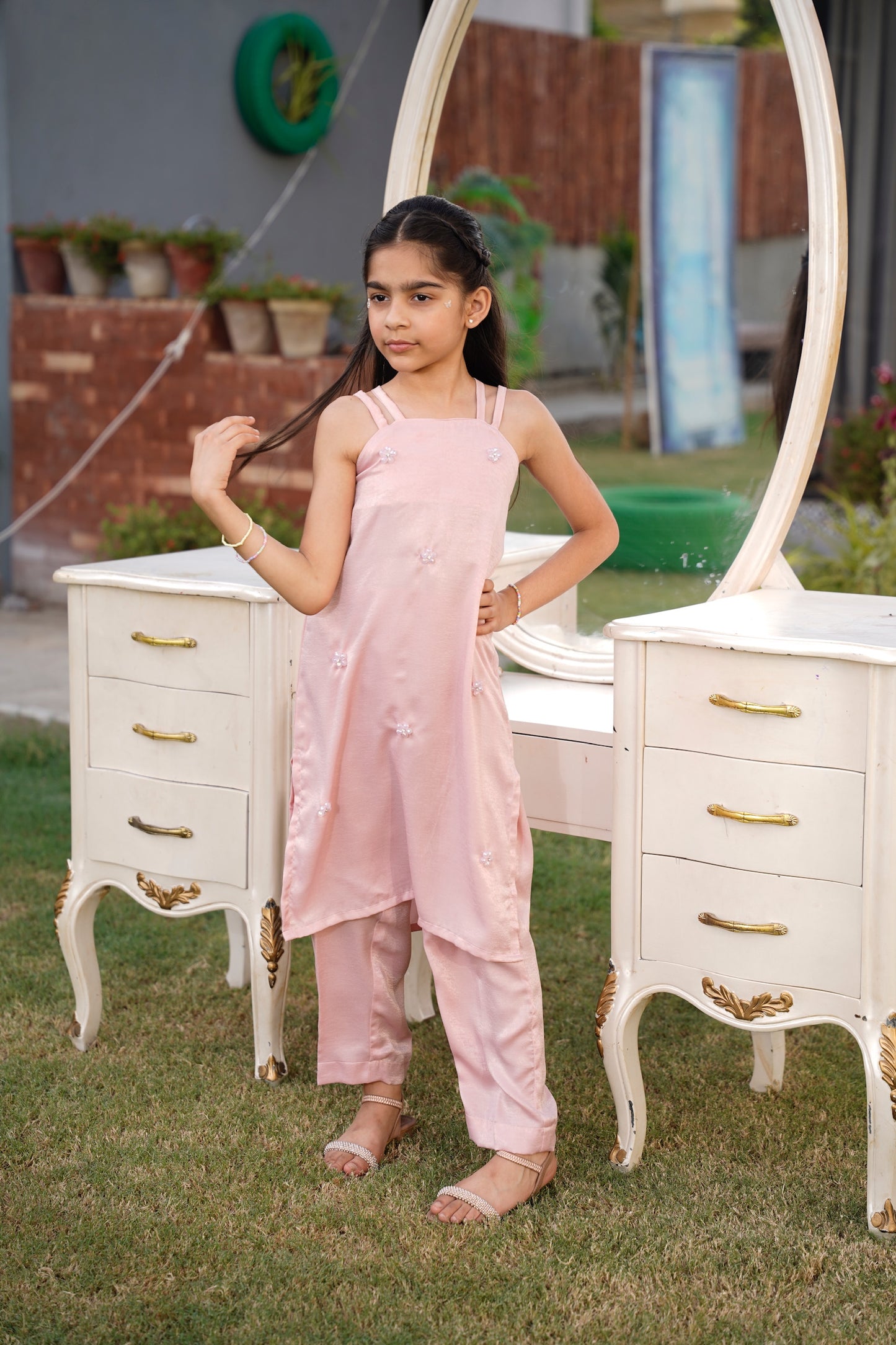 Full front view: "Blush pink embellished leather silk co-ord set with straight pants, full front view SHAFAÉ Crystal Blush"
