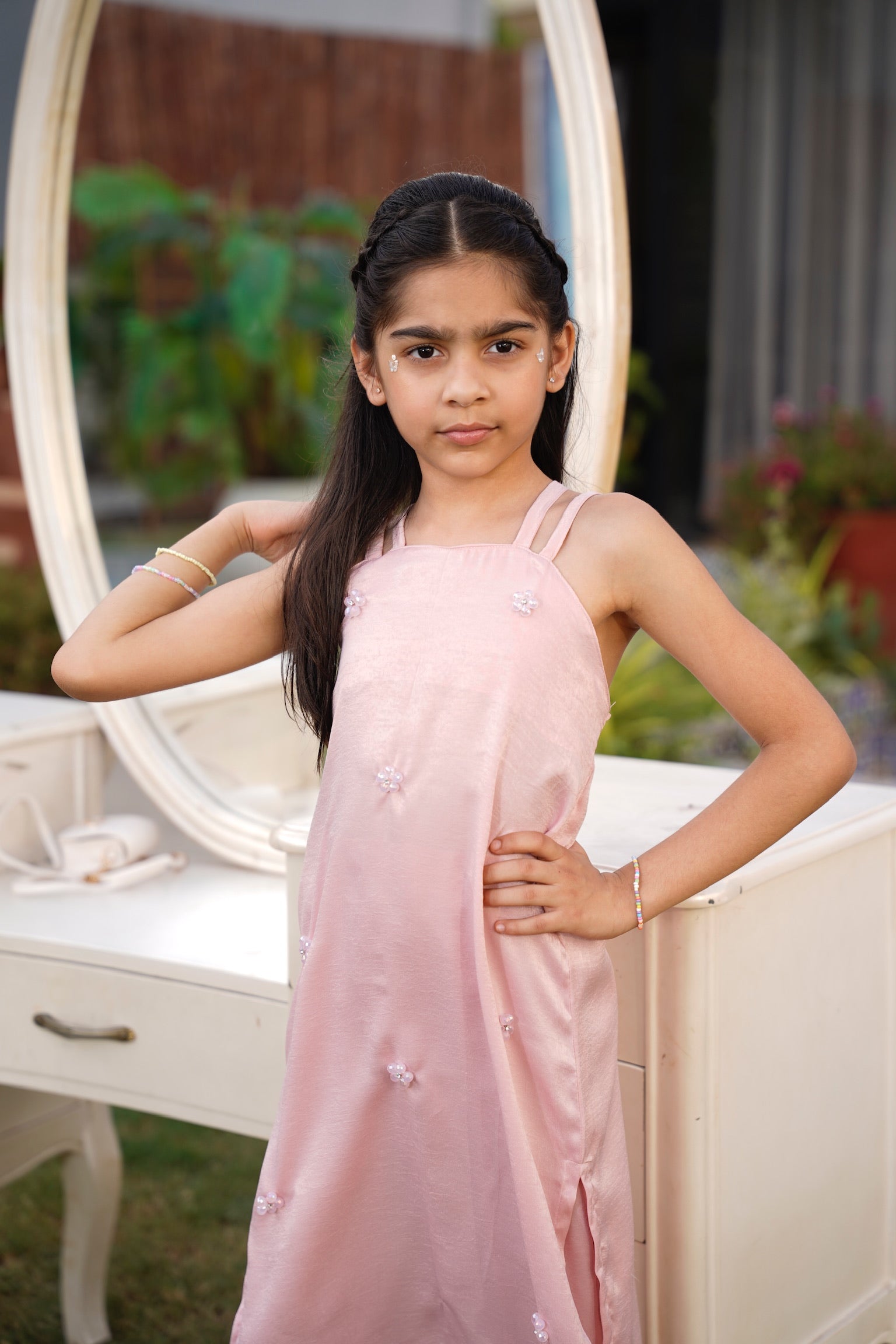 Full front view: "Blush pink embellished leather silk co-ord set with straight pants, full front view SHAFAÉ Crystal Blush"