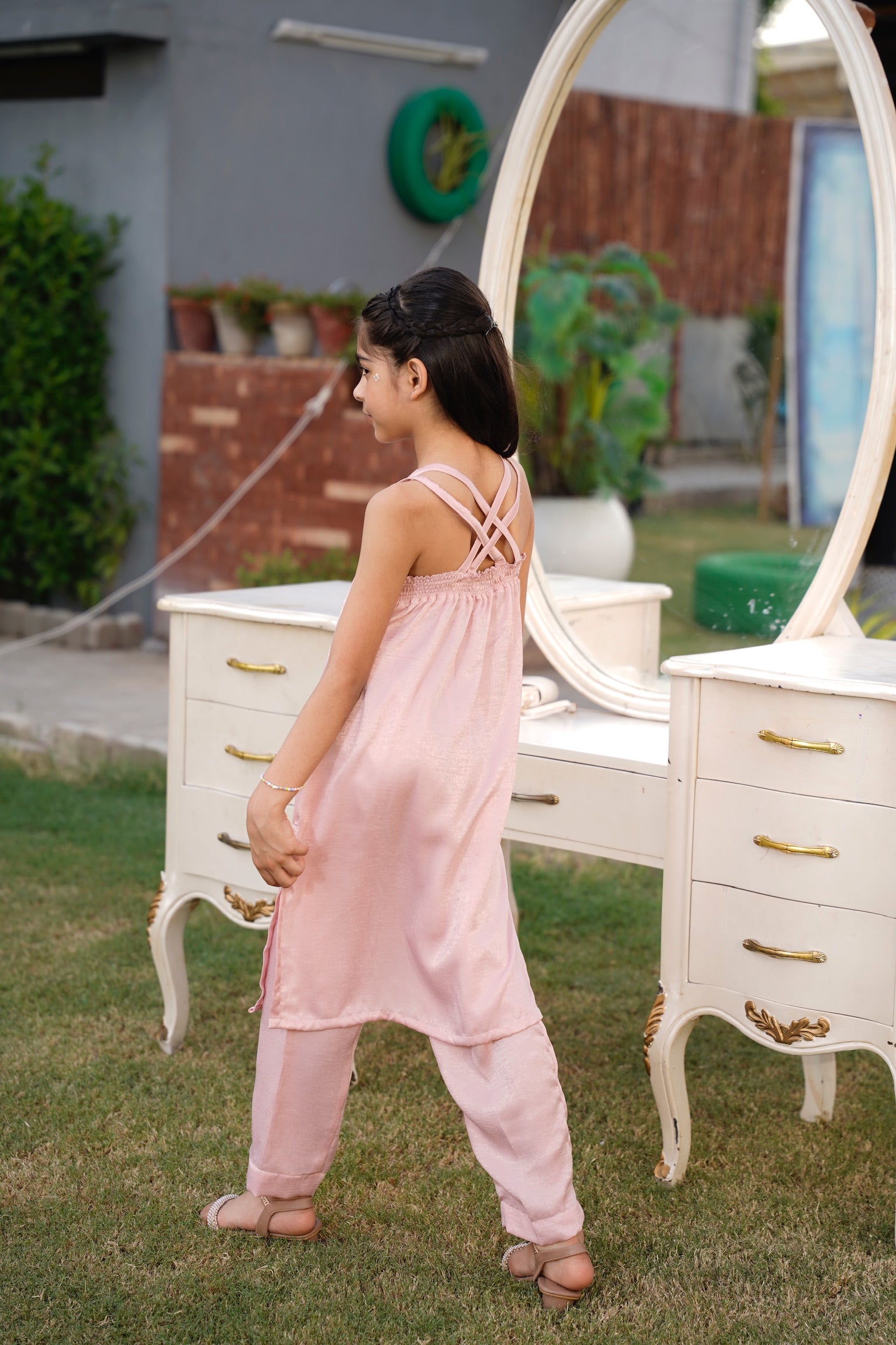 Full back view: "Blush pink embellished leather silk co-ord set with straight pants, full front view SHAFAÉ Crystal Blush"
