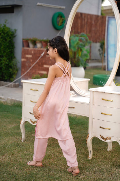 Full back view: "Blush pink embellished leather silk co-ord set with straight pants, full front view SHAFAÉ Crystal Blush"