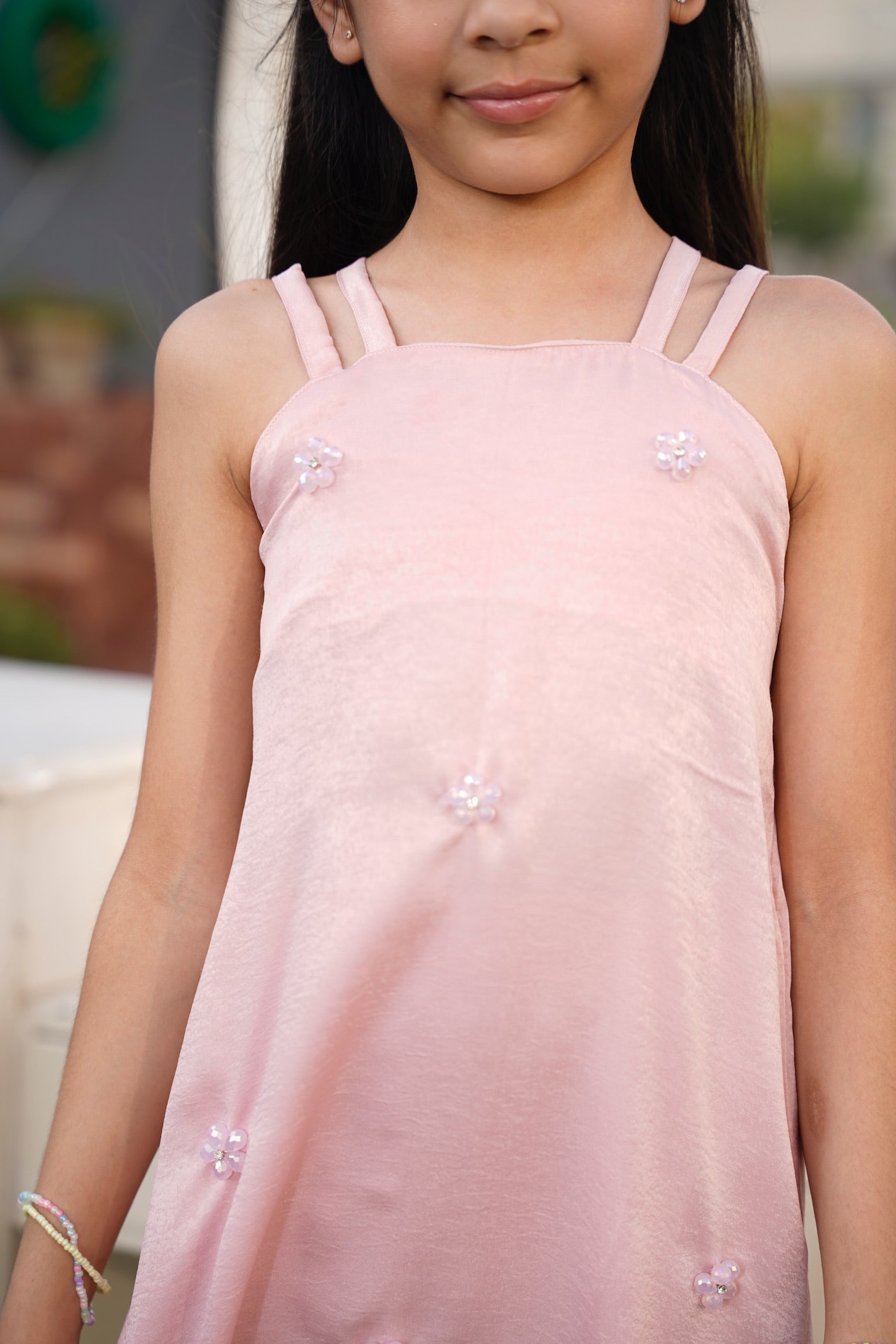 Closeup view: "Blush pink embellished leather silk co-ord set with straight pants, full front view SHAFAÉ Crystal Blush"