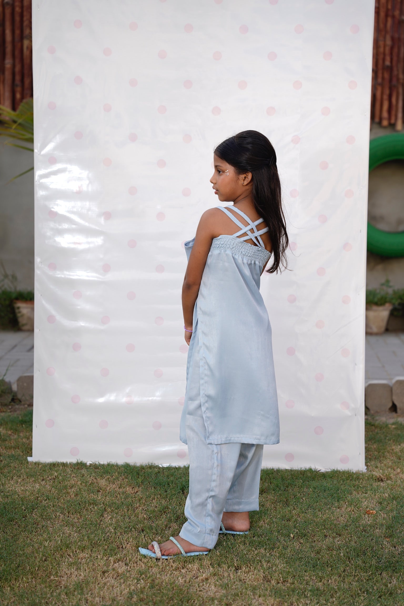 Full back view: "Blush Sky blue embellished leather silk co-ord set with straight pants, full front view SHAFAÉ Crystal Sky"