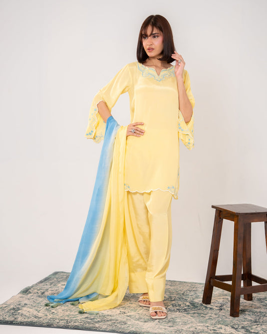 Butter Yellow Dreams embroided silk suit dress wth farshi shalwar and ombre dupatta Shafae