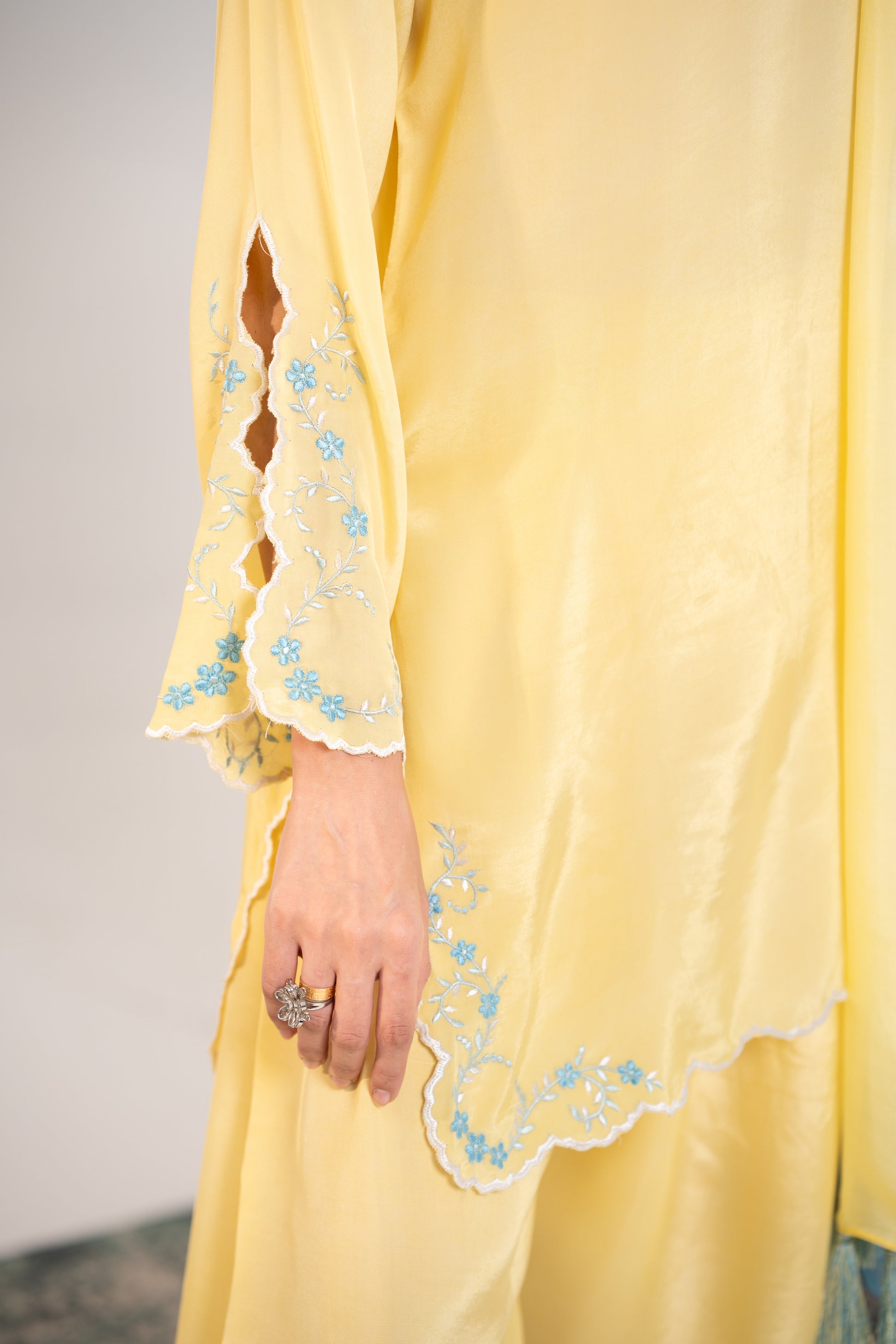 Yellow dress with floral embroidery  silk suit dress wth farshi shalwar and ombre dupatta Shafae