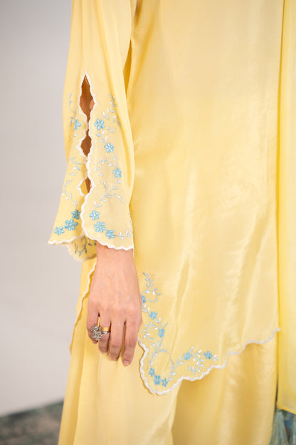 Yellow dress with floral embroidery  silk suit dress wth farshi shalwar and ombre dupatta Shafae