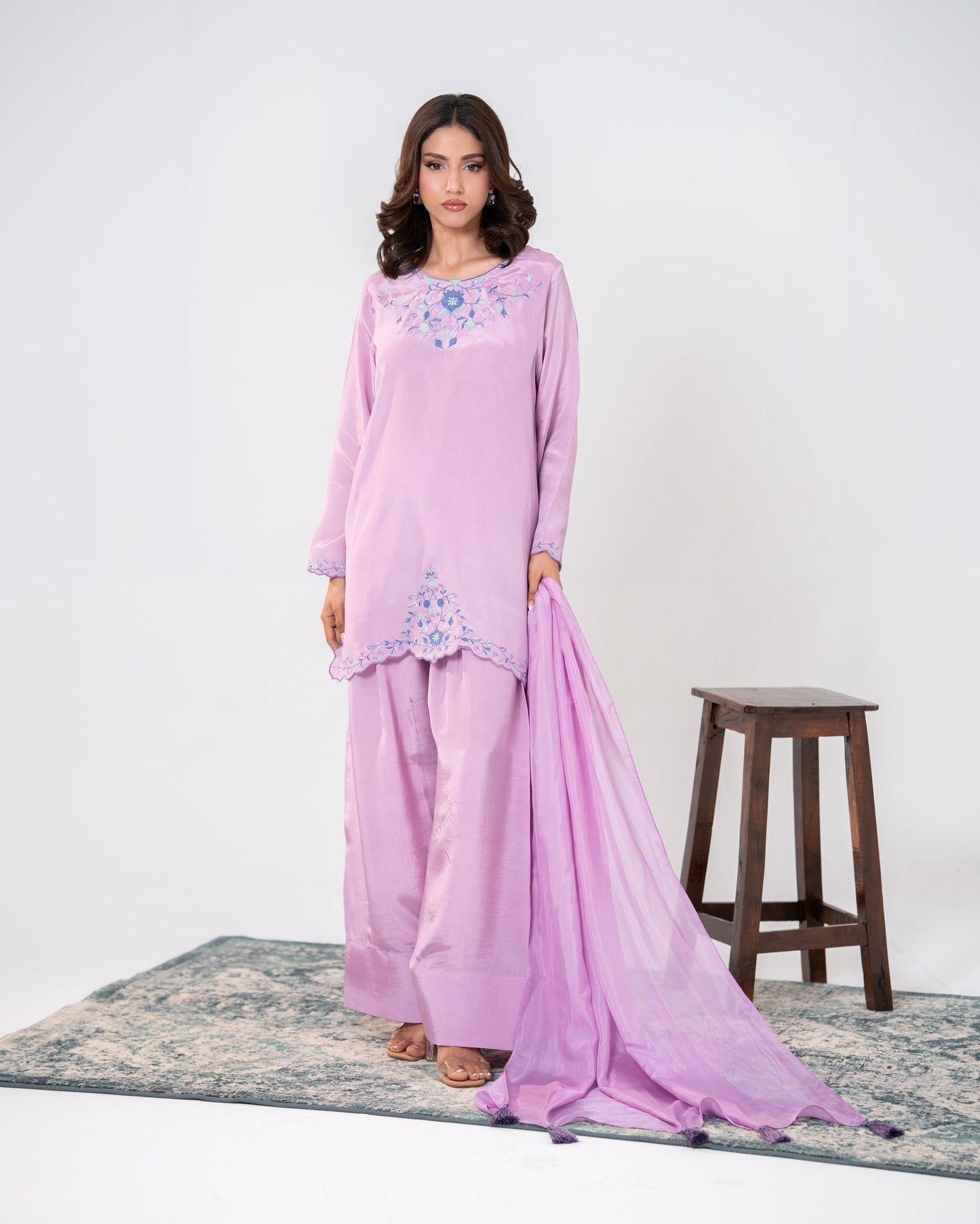 lavender embroiery silk suit with farshi salwar silk 3 piece sheer dupatta SHAFAE