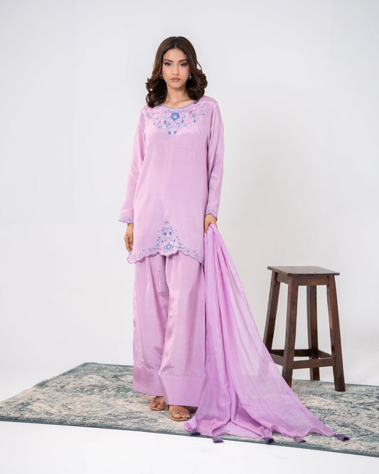 lavender embroiery silk suit with farshi salwar silk 3 piece sheer dupatta SHAFAE