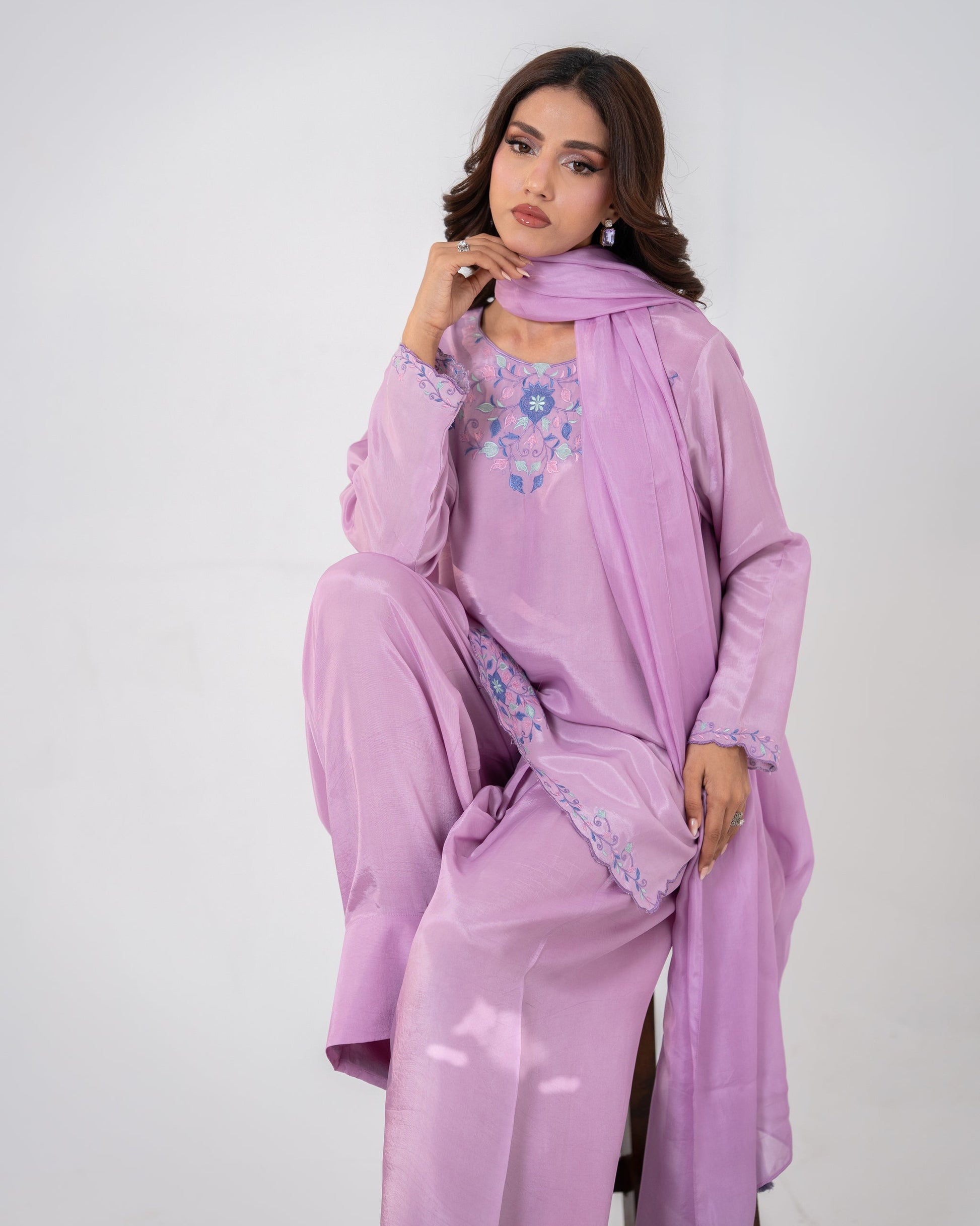 "Lilac embroidered silk suit with Farshi Shalwar and sheer dupatta —SHAFAÉ veil of levander"