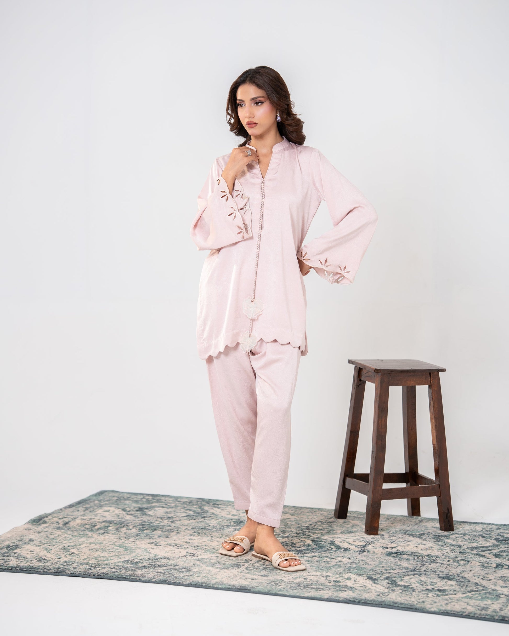 "Blush pink embroidered silk co-ord, full front view  SHAFAÉ Scalloped Dreams"