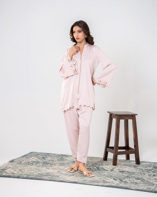 "Blush pink embroidered silk co-ord, full front view  SHAFAÉ Scalloped Dreams"