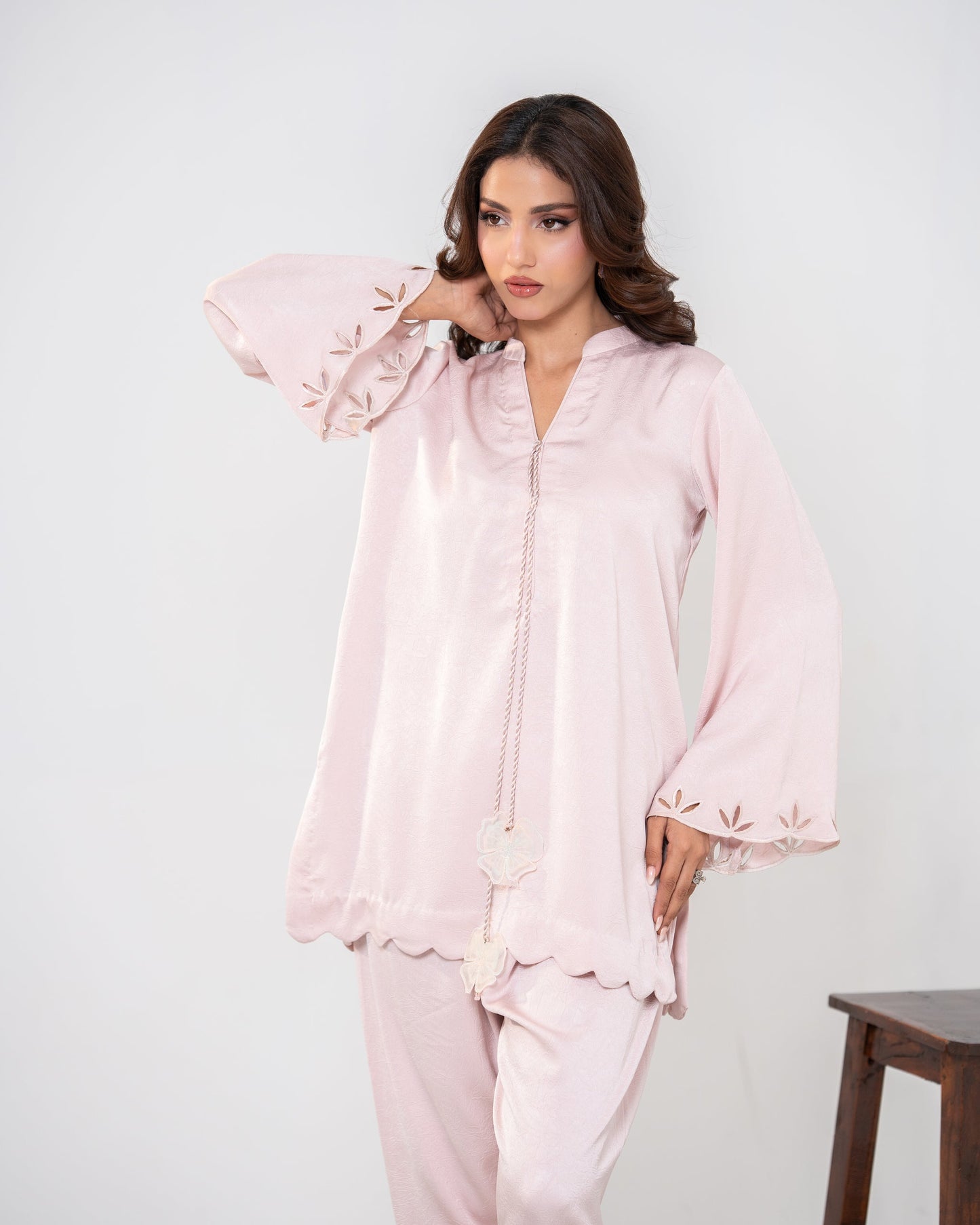 "Blush pink embroidered silk co-ord with leaser cut work, full front view SHAFAÉ Scalloped Dreams"