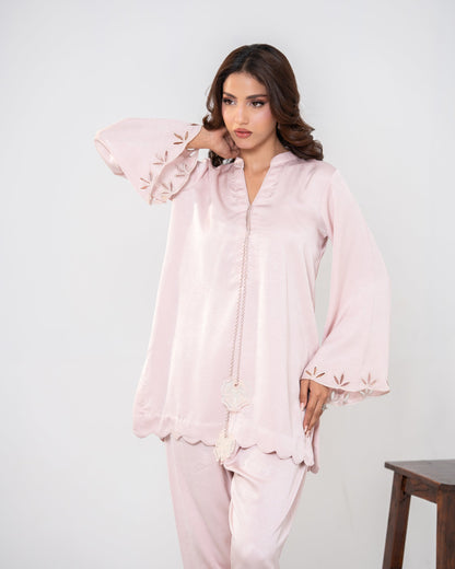 "Blush pink embroidered silk co-ord with leaser cut work, full front view SHAFAÉ Scalloped Dreams"