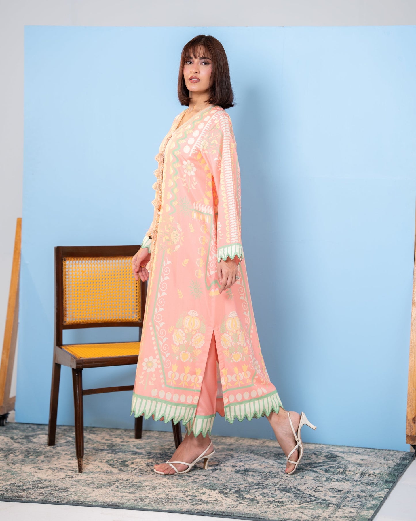 "Peach printed silk kaftan with beaded tassel tie, full front view — SHAFAÉ Peach Maze"