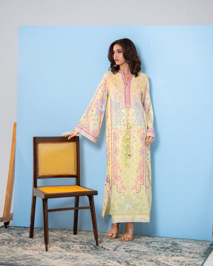  "Pastel yellow printed silk kaftan, full front view SHAFAÉ Sunlit Kaftan"