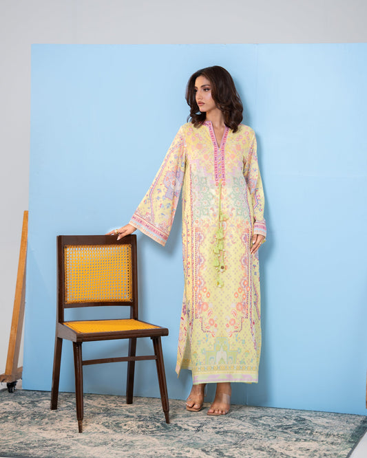  "Pastel yellow printed silk kaftan, full front view SHAFAÉ Sunlit Kaftan"
