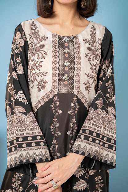 "Close-up of mother-of-pearl button placket on printed silk kurta  SHAFAÉ Midnight Kaftan"