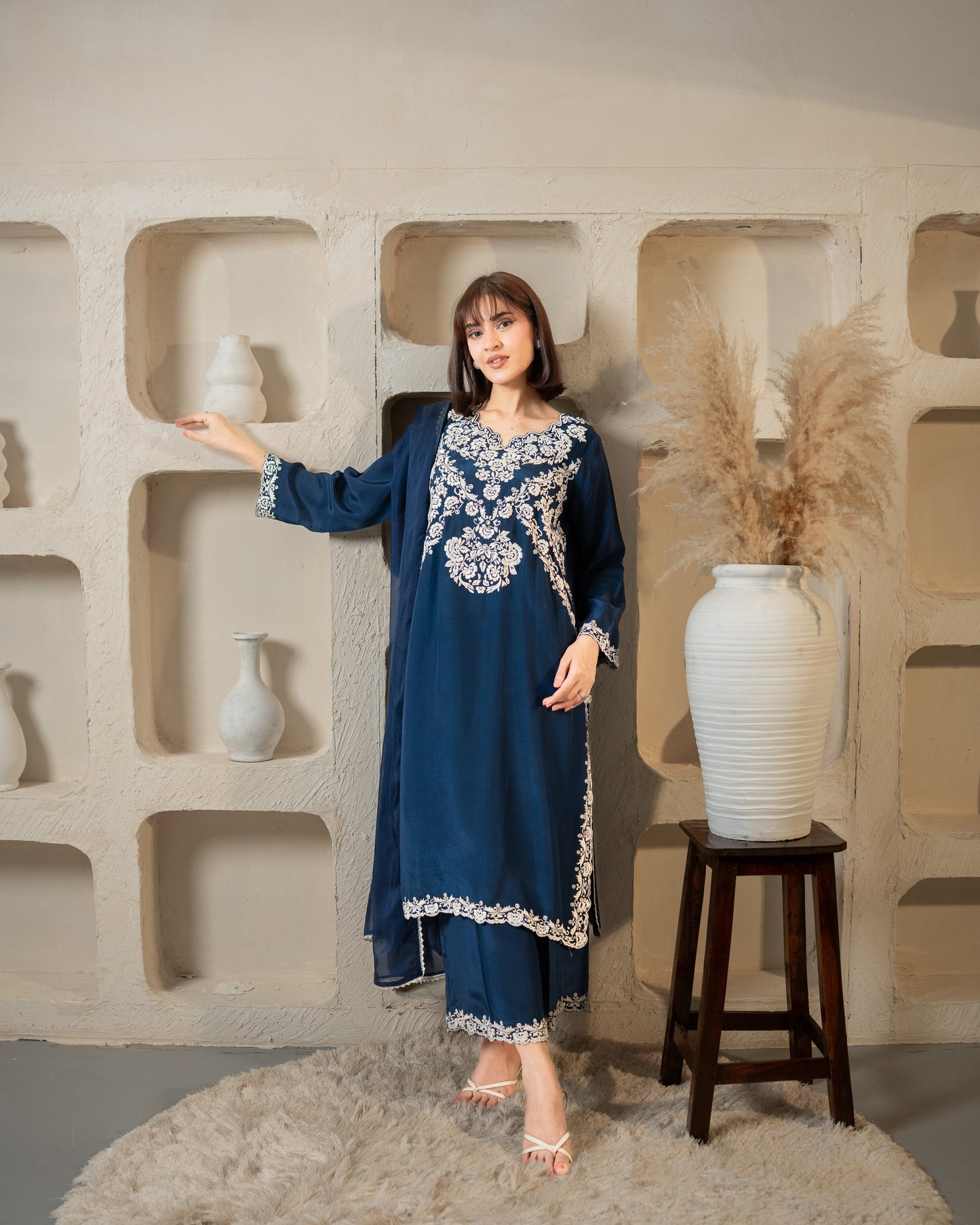 Navy embroidered silk 3-piece suit, full front view  SHAFAÉ Royal Blue Elegance"