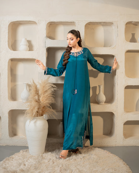 "Teal silk kaftan with cutdana embellishment, full front view SHAFAÉ Stardust Teal Kaftan"