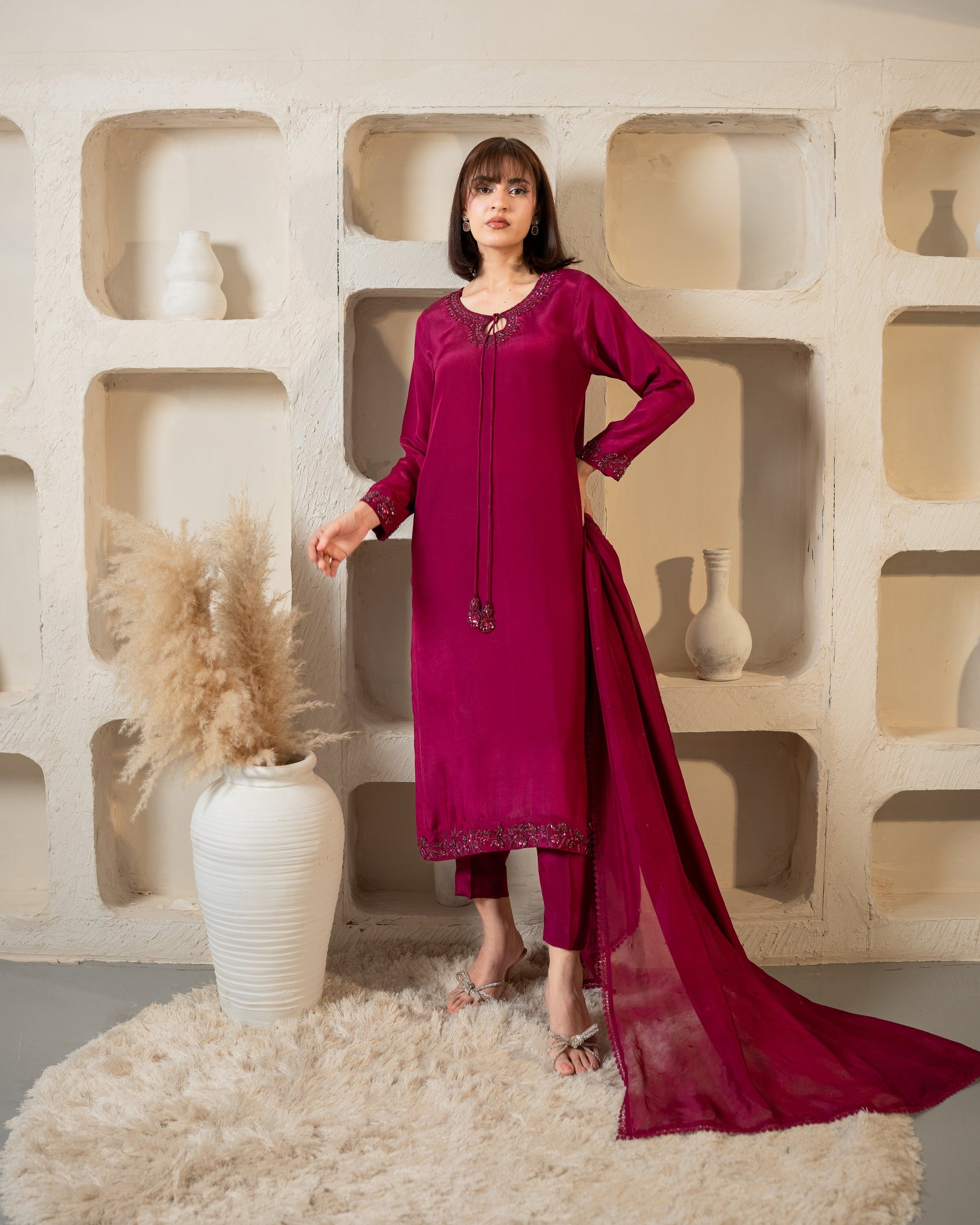 Magenta sequin embroidered silk 3-piece suit, full front view  SHAFAÉ Pink Hues"