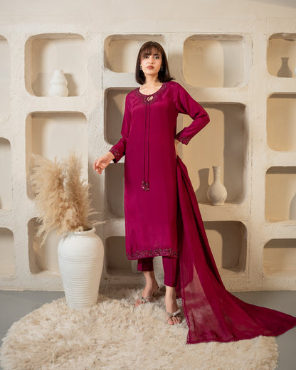 Magenta sequin embroidered silk 3-piece suit, full front view  SHAFAÉ Pink Hues"