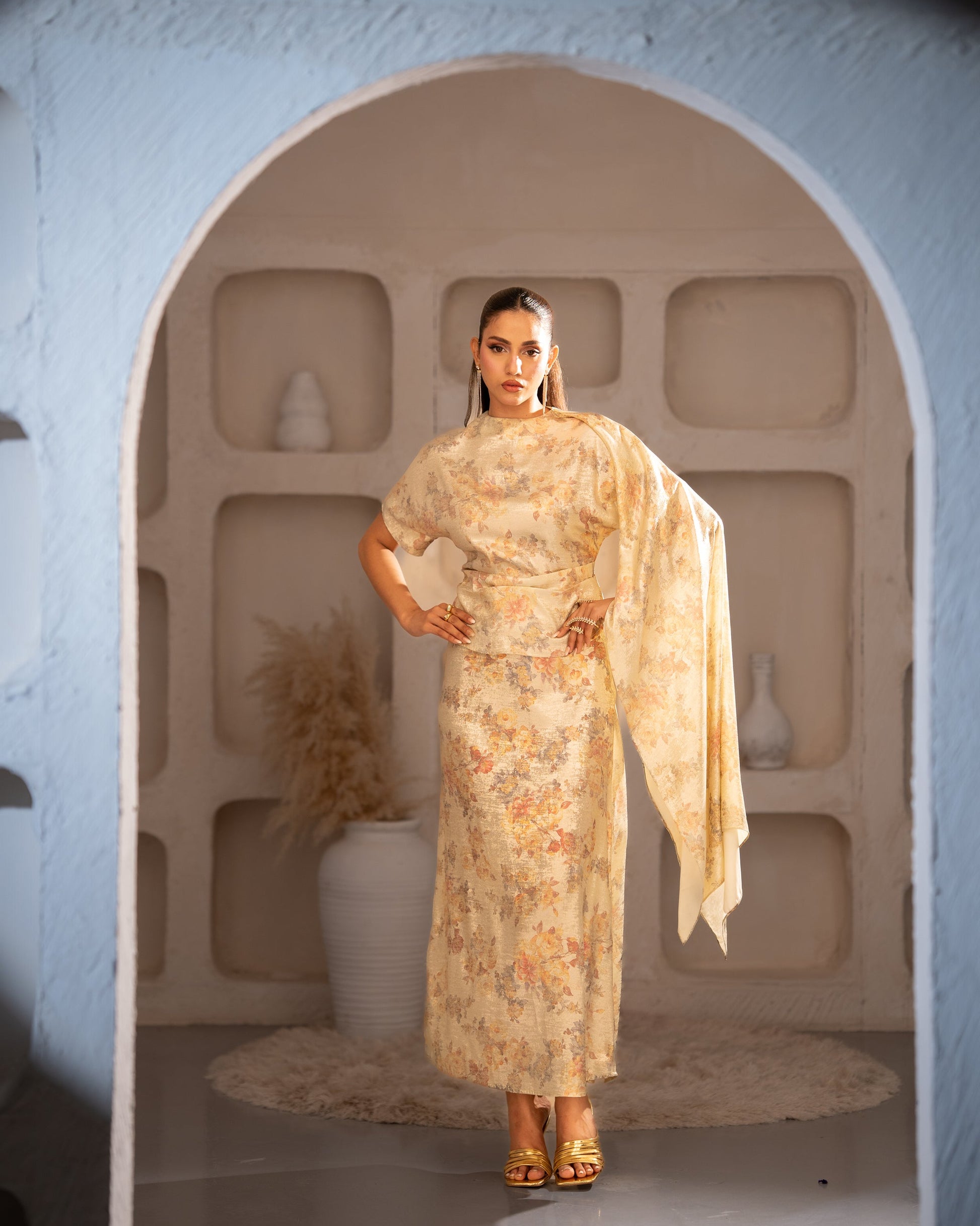 "Metallic gold printed satin silk cape top and pencil skirt, full front view SHAFAÉ Gold Grace"