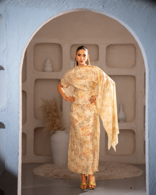 "Metallic gold printed satin silk cape top and pencil skirt, full front view SHAFAÉ Gold Grace"