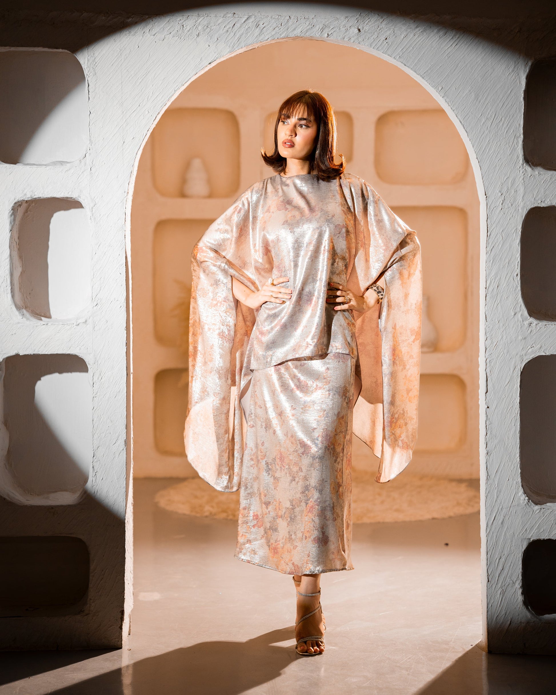 "Metallic printed satin silk top and pencil skirt, full front view  SHAFAÉ Aura Skirt Set"