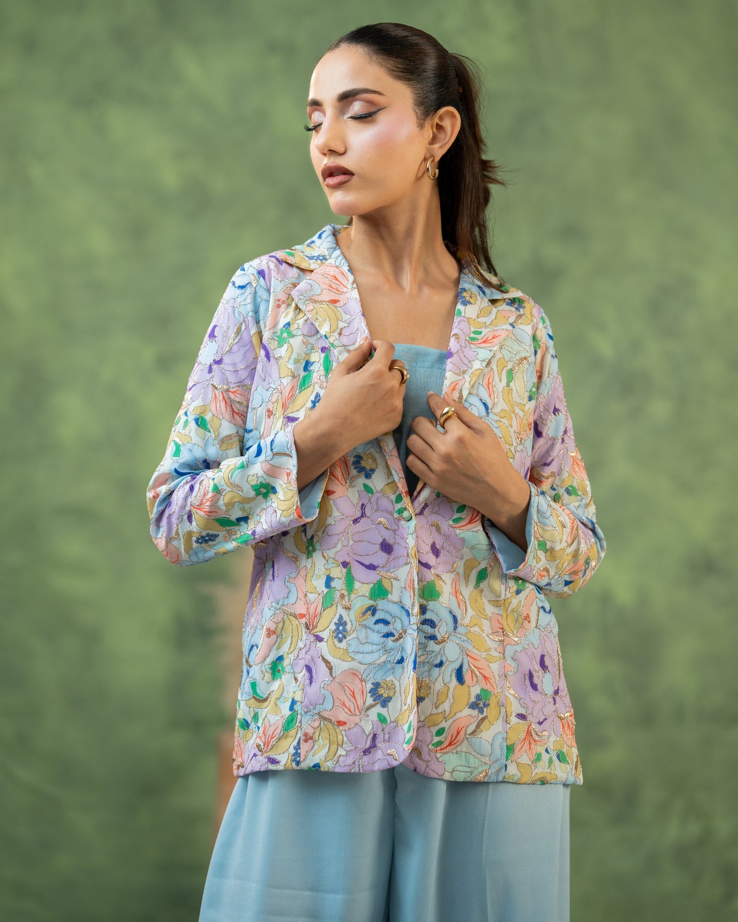  "Mint floral printed blazer co-ord set, full front walking view SHAFAÉ Mint Bloom Co-Ord Set"