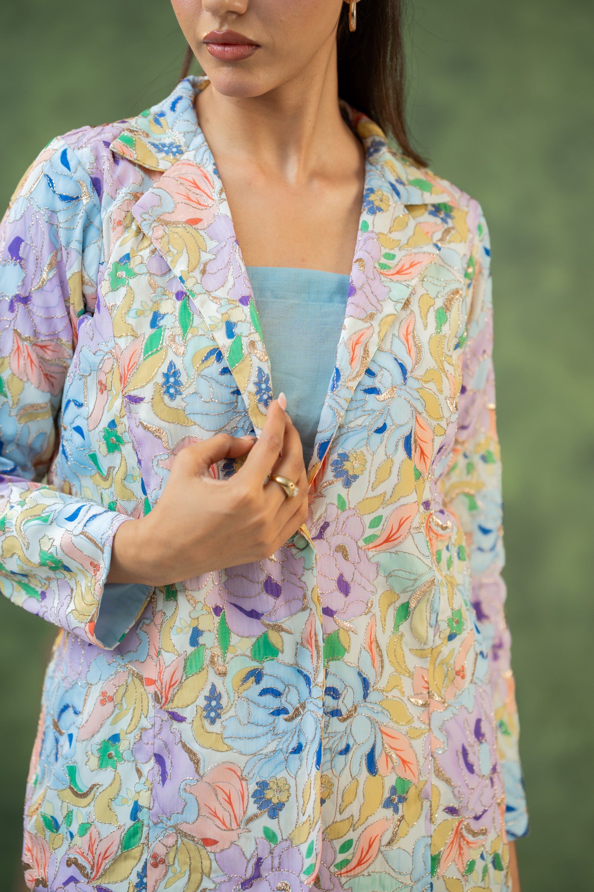 Close-up of pastel sky blue floral printed blazer co-ord set SHAFAÉ 
