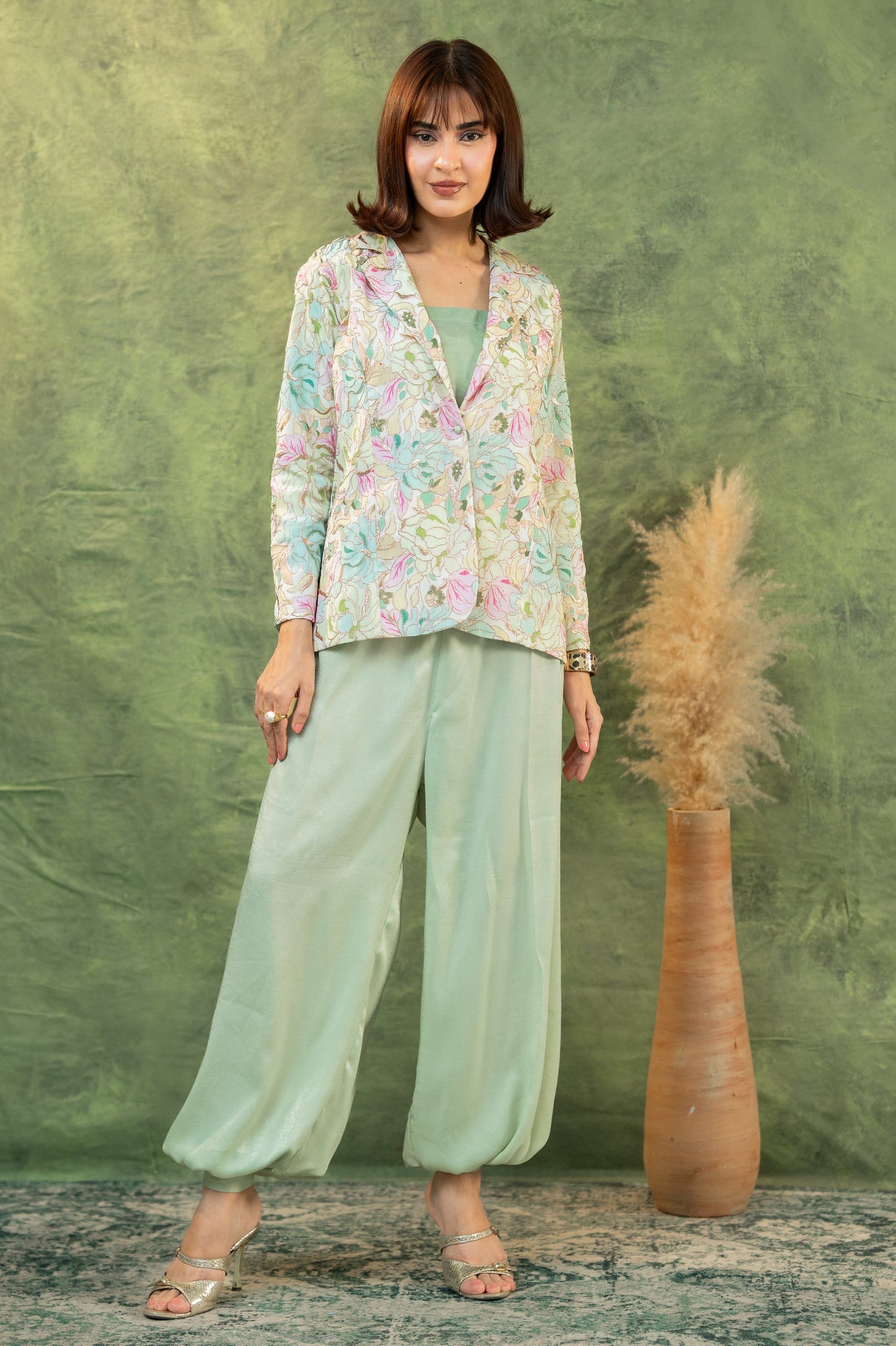 "Close-up of pastel floral printed blazer on mint co-ord set  SHAFAÉ Mint Bloom Co-Ord Set"