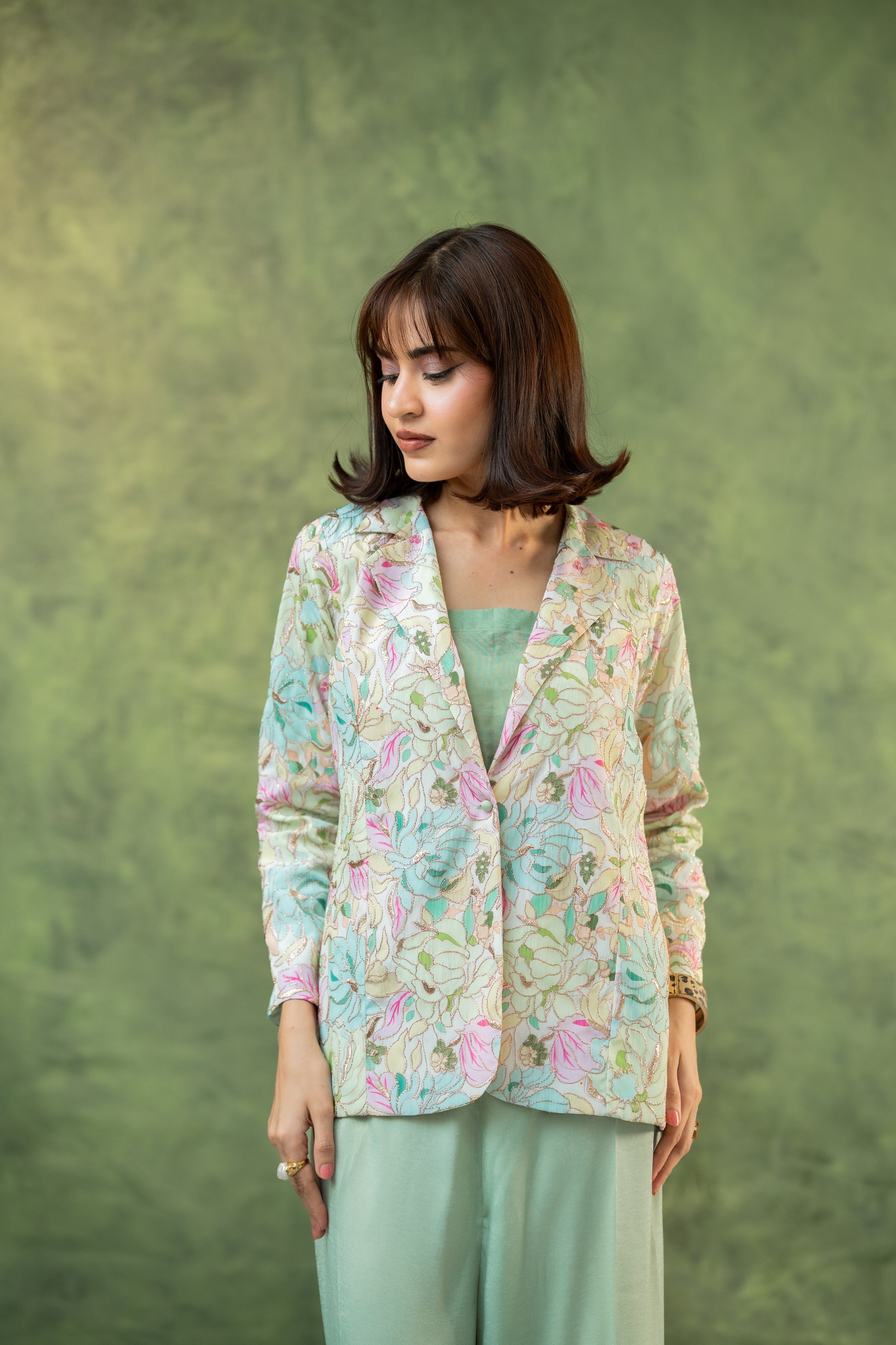  "Mint floral printed blazer co-ord set, full front walking view  SHAFAÉ Mint Bloom Co-Ord Set"