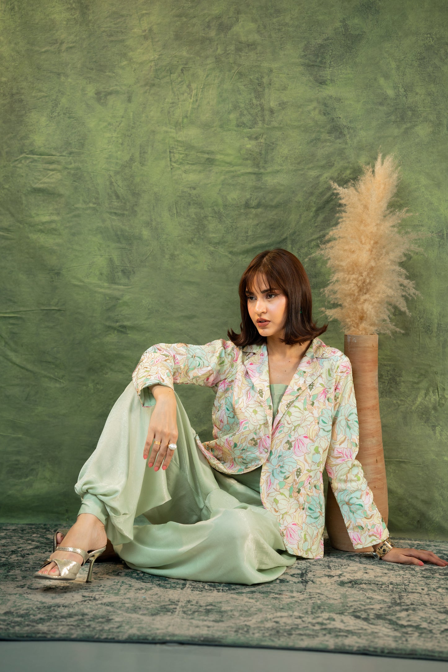 "Mint Bloom Co-Ord Set with balloon trousers, full setting front view SHAFAÉ Mint Bloom Co-Ord Set"